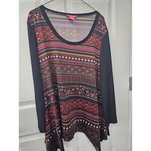 Sunny Leigh Shirt Womens 2XL Black Tunic Boho Geometric Long Sleeve Made USA
